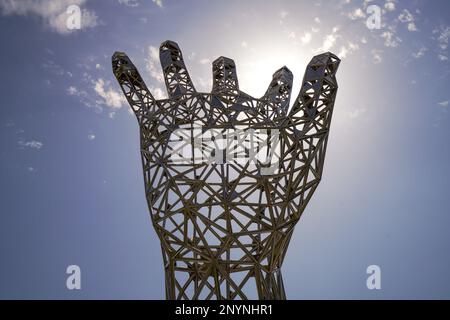 Sculpture for the Sheikh Tamim Bin Hamad Al Thani International Anti-Corruption Excellence Award at a park close to Sheraton Hotel on Doha's corniche Stock Photo