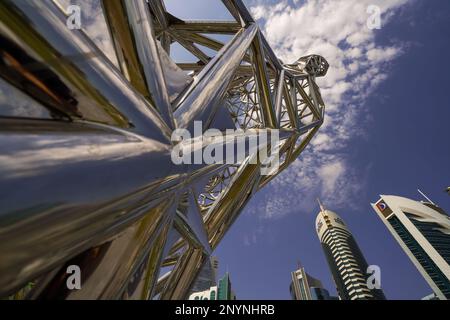 Sculpture for the Sheikh Tamim Bin Hamad Al Thani International Anti-Corruption Excellence Award at a park close to Sheraton Hotel on Doha's corniche Stock Photo