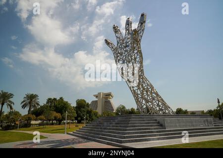 Sculpture for the Sheikh Tamim Bin Hamad Al Thani International Anti-Corruption Excellence Award at a park close to Sheraton Hotel on Doha's corniche Stock Photo