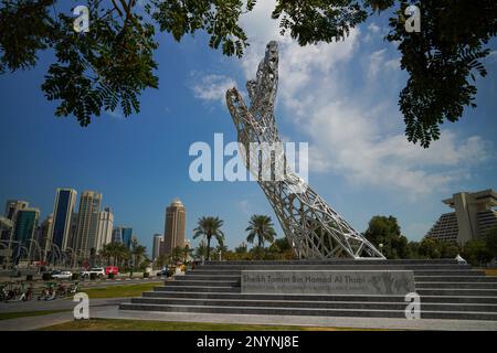 Sculpture for the Sheikh Tamim Bin Hamad Al Thani International Anti-Corruption Excellence Award at a park close to Sheraton Hotel on Doha's corniche Stock Photo