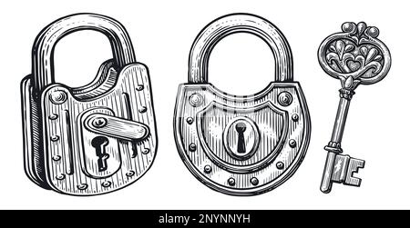 Key and lock, closed padlock set. Hand drawn vintage sketch vector illustration Stock Vector