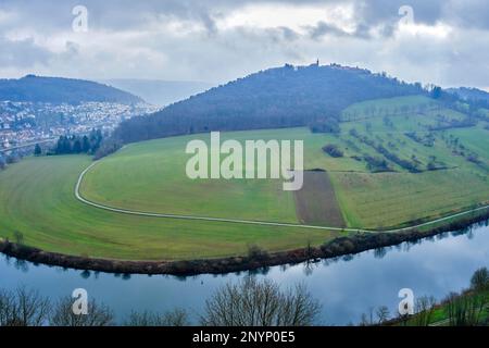 View over the Neckar valley and the Town of Four Castles Neckarsteinach, Hesse, Germany, Europe. Stock Photo