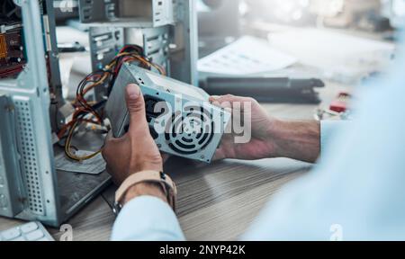 Hardware, repair and computer with hands of man for cpu system, maintenance or it engineering. Electronic, motherboard and circuit with technician Stock Photo