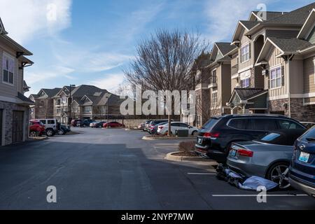 The parking lot and buildings in the Clairborne Crossing apartment complex in Louisville, Kentucky, USA Stock Photo