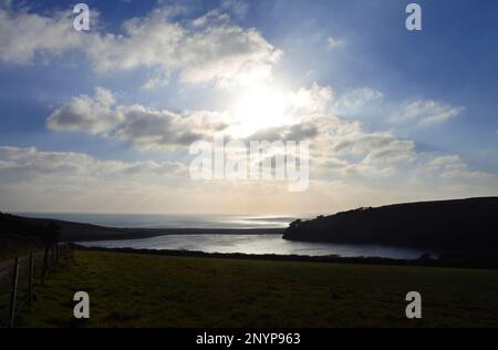 Loe Pool and Loe Bar, Cornwall, in evening light - John Gollop Stock Photo