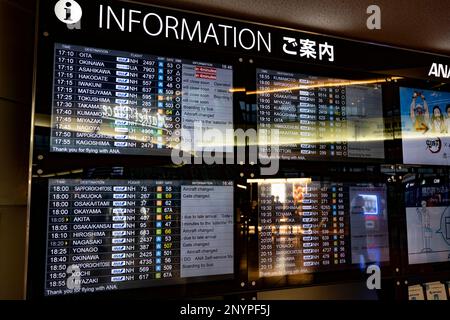 Tokyo, Japan. 2nd Mar, 2023. A information screen showing the flight status of Terminal 2 of Tokyo Haneda International Airport. (HND) The airline industry faces a severe staffing and pilot shortage as international travel rebounds after the COVID-19 pandemic.ANA (All Nippon Airways å…¨æ-¥æœ¬ç © ºè¼¸æ ªå¼ä¼šç¤¾) is one of the leading airlines in the Asia-Pacific region. Founded in 1952, it has grown to become the largest airline in Japan, operating both domestic and international flights. ANA has a fleet of over 250 aircraft, including Boeing 787 Dreamliners and Airbus A380s, and serves more Stock Photo