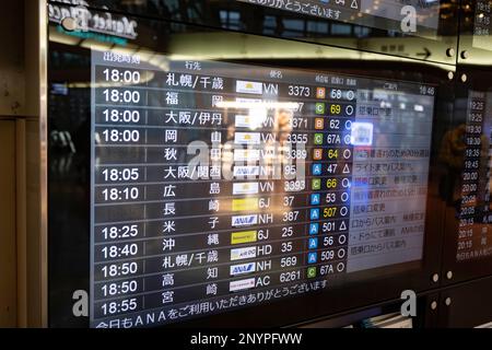 Tokyo, Japan. 2nd Mar, 2023. A information screen showing the flight status of Terminal 2 of Tokyo Haneda International Airport. (HND) The airline industry faces a severe staffing and pilot shortage as international travel rebounds after the COVID-19 pandemic.ANA (All Nippon Airways å…¨æ-¥æœ¬ç © ºè¼¸æ ªå¼ä¼šç¤¾) is one of the leading airlines in the Asia-Pacific region. Founded in 1952, it has grown to become the largest airline in Japan, operating both domestic and international flights. ANA has a fleet of over 250 aircraft, including Boeing 787 Dreamliners and Airbus A380s, and serves more Stock Photo