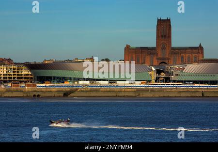 Skyline of the City, as seen from Mersey river. Liverpool Anglican cathedral and The Echo Arena Convention Centre.Liverpool. England. UK Stock Photo