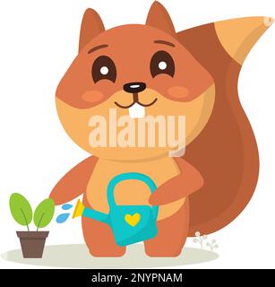 Squirrel with a watering can and a flowerpot. Vector illustration on the topic of botany Stock Vector