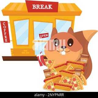 Squirrel with pizza, hot dog and coffee. Lunch Break. Vector graphics on the theme of food Stock Vector