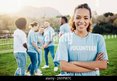 Woman in portrait, volunteer and smile with eco friendly help, environment and sustainability, green and waste management. Cleaning, charity and team Stock Photo