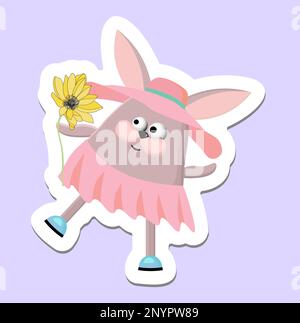 Rabbit with flower. Cute bunny sticker. Vector illustration of a rabbit. bunny in a hat and dress. Stock Vector