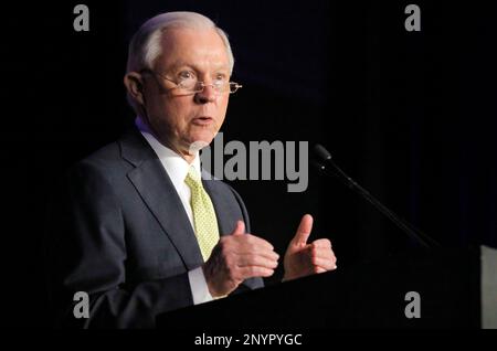 U.S. Attorney General Jeff Sessions speaks at the opening session of the National Law Enforcement Conference on Human Exploitation at the Sheraton Atlanta Hotel, Tuesday morning, June 6, 2017, in Atlanta. (Bob Andres/Atlanta Journal-Constitution via AP)