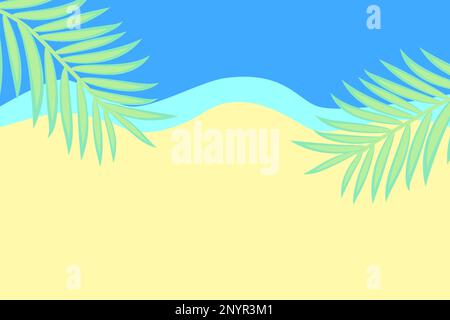 sandy beach with blue sea and palm leaves, view from above. Vector template for text. Stock Vector