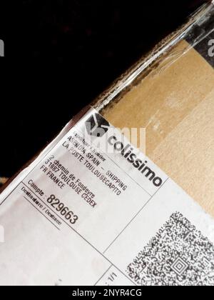 Colissimo Parcel Paris, France - Oct 21, 2022: Asphalt ground with new Jessa Tampons ...