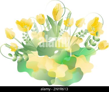 Spring card, invitation, poster, greeting. Hand drawing. Festive background with inscription. Decorated with delicate tulips, field herbs and decor. Stock Vector