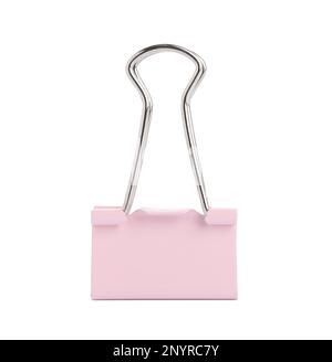 Pink binder clip isolated on white. Stationery item Stock Photo