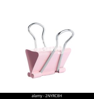 Pink binder clip isolated on white. Stationery item Stock Photo