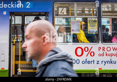 Tram in Gdanska street, Bydgoszcz, Poland. Stock Photo