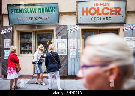 Old, Jewish shop signs in Szeroka street, at the historical Jewish distric Kazimierz, Krakow, Poland. Stock Photo