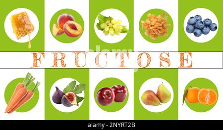 Collage with photos of different products containing fructose Stock Photo