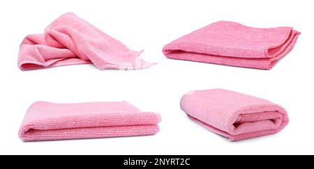 Set with pink microfiber cloths on white background Stock Photo