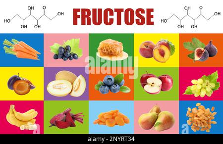 Collage with photos of different products containing fructose Stock Photo