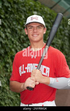 Nick Pratto (32) of Huntington Beach High School in Huntington Beach,  California during the Under Armour All-American Game presented by Baseball  Factory on July 23, 2016 at Wrigley Field in Chicago, Illinois. (