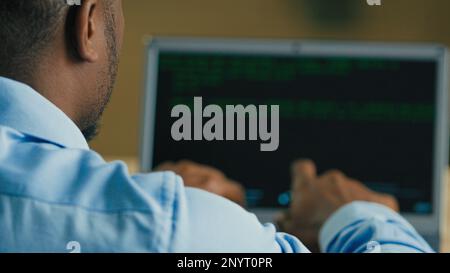 Businessman IT programmer hacker man developing software digital java app typing code on computer web screen coding data internet security system Stock Photo
