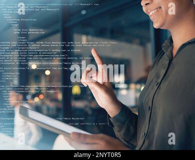 Html, programming overlay and woman on tablet for internet, coding and network online in office. Communication, information technology and girl with Stock Photo