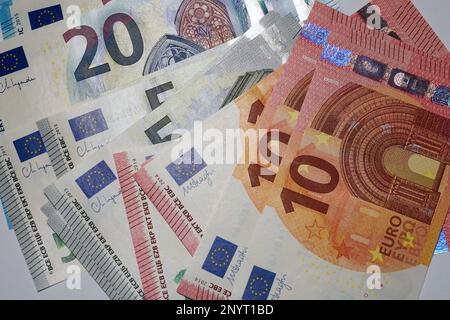 Colorful modern banknotes with hologram and made of polymer instead of paper to prevent counterfeiting Stock Photo