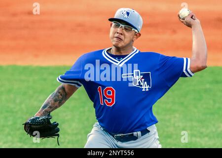 April 16, 2019: Oklahoma City Dodgers infielder Edwin Rios (24) during a  baseball game between the Omaha Storm Chasers and the Oklahoma City Dodgers  at Chickasaw Bricktown Ballpark in Oklahoma City, OK.