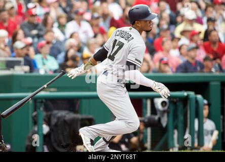 WASHINGTON, DC - MAY 27: San Diego Padres left fielder Allen Cordoba (17)  makes contact during a MLB game between the Washington Nationals and the San  Diego Padres on May 27, 2017