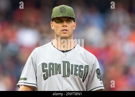 WASHINGTON, DC - MAY 27: San Diego Padres left fielder Allen Cordoba (17)  makes contact during a MLB game between the Washington Nationals and the San  Diego Padres on May 27, 2017