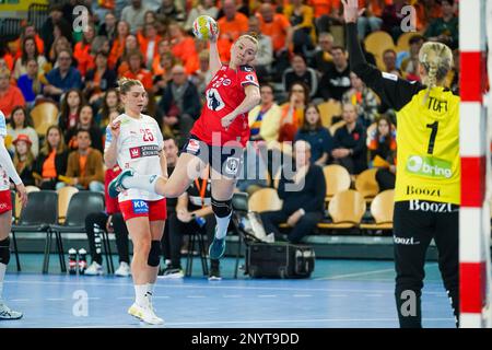 EINDHOVEN, NETHERLANDS - MARCH 2: Trine Jensen of Denmark, Anniken Wollik of Norway during the Golden League Women  match between Norway and Denmark at Indoor Sportcentrum Eindhoven on March 2, 2023 in Eindhoven, Netherlands (Photo by Henk Seppen/Orange Pictures) Stock Photo