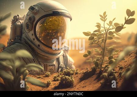 Picture of astronaut gardening - man or woman in suit with helmet gardening on moon or alien planet Stock Photo