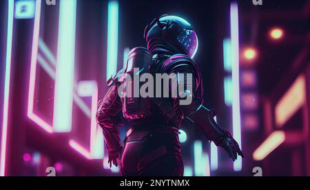 Picture of astronaut on alien planet - man or woman in suit with helmet, copy space Stock Photo