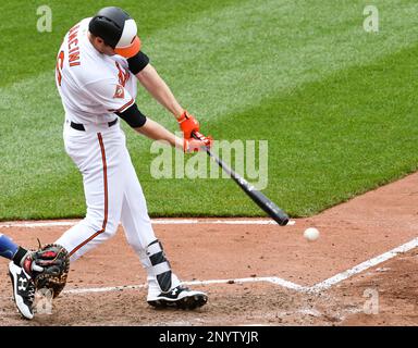 Baltimore, MD, USA. 29th May, 2017. Baltimore Orioles Left Fielder #16 Trey  Mancini makes a catch in the outfield after some confusion during a Major  League Baseball game between the Baltimore Orioles