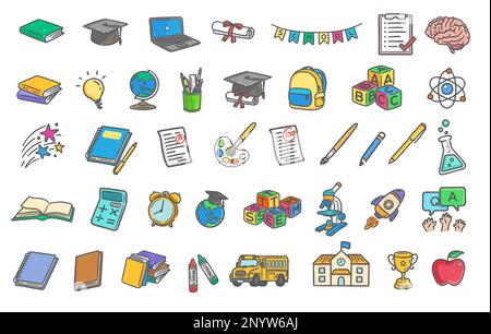 Education dry brush stroke objects colored line vector illustration. Hand drawn design elements knowledge learning concept Stock Vector