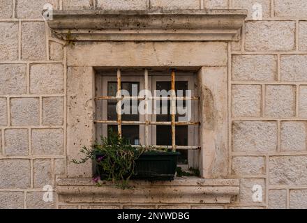 Building's facade. Window with metal bars and flower pot. Architectural detail. Close-up Stock Photo