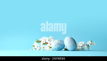 Easter eggs with spring blossom flowers on blue background. Colored Egg Holiday border Stock Photo