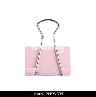 Pink binder clip isolated on white. Stationery item Stock Photo