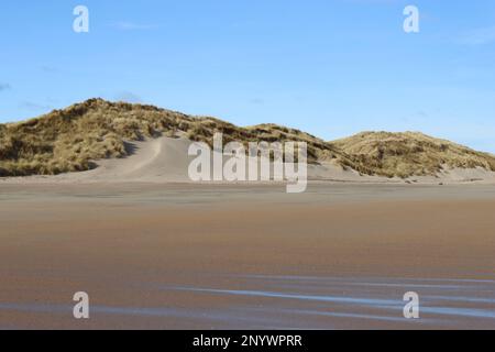 Sand dunes on a beach in sunshine against a blue sky Stock Photo