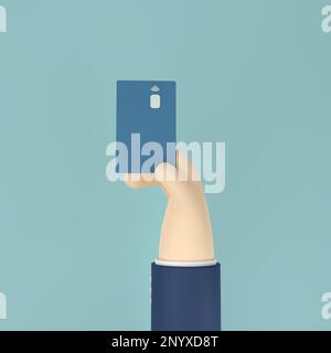 Hand holding a credit card over blue background. Cartoon hand with debit card with NFC chip, 3d render, 3d illustration Stock Photo