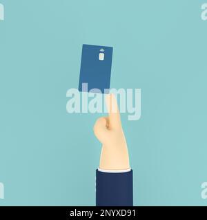 Credit card on a point finger. Cartoon hand with a blank debit card with an NFC chip, 3d render, 3d illustration Stock Photo