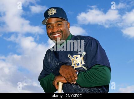 25 Feb. 1996: Milwaukee Brewers outfielder Greg Vaughn (33) posses