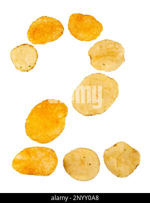 Number 2 made of potato chips and isolated on white background. Food numeral concept. One number of the set of potato chip font easy to stacking. Stock Photo