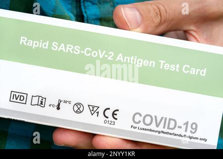 Rapid SARS-Cov-2 Antigen Test Card COVID-19 coronavirus test package, box held in hand, detail, extreme closeup, man holding an issued covid test in h Stock Photo