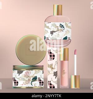 Vector Skincare or Beauty Packaging Set with Perfume Glass Bottle, Body Cream Tin Jar and Lip Gloss Tube. Cat Pattern Print Packaging. Stock Vector