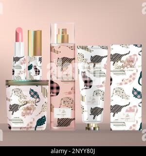 Vector Skincare and Beauty Set with Scented Candle Screw Cap Jar, Lipstick, Body Mist Spray Bottle and Hand Cream Tube. Cat Pattern Print Packaging. Stock Vector